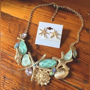 🐚 Starfish Shell Beach Nautical Mermaid Necklace Earring Set Sea Glass Gold